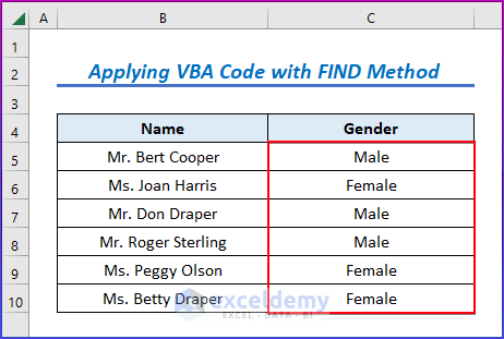 Showing Results by Applying VBA Code with FIND Method to Find String in Cell in Excel