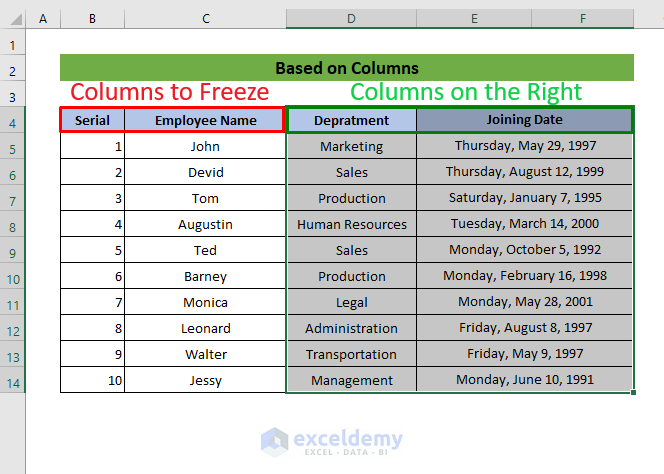 Freeze Rows and Columns at the Same Time in Excel Based on Columns