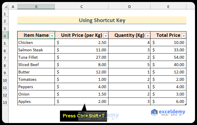 Shortcut to insert a total row