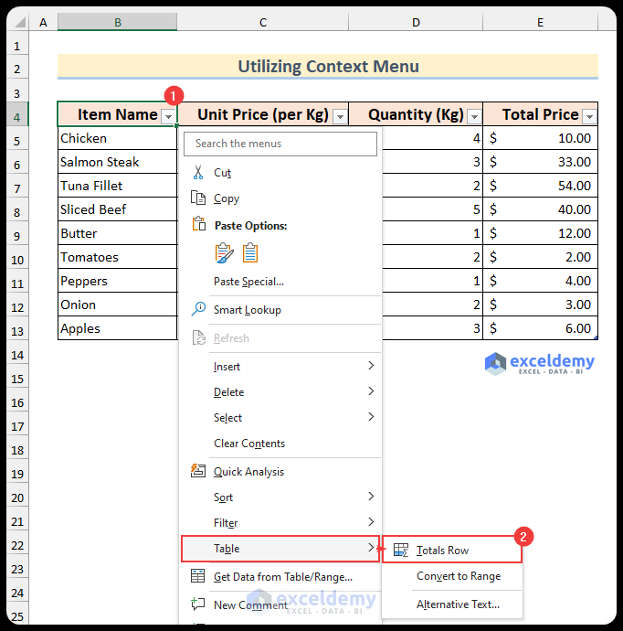 Context menu for a table