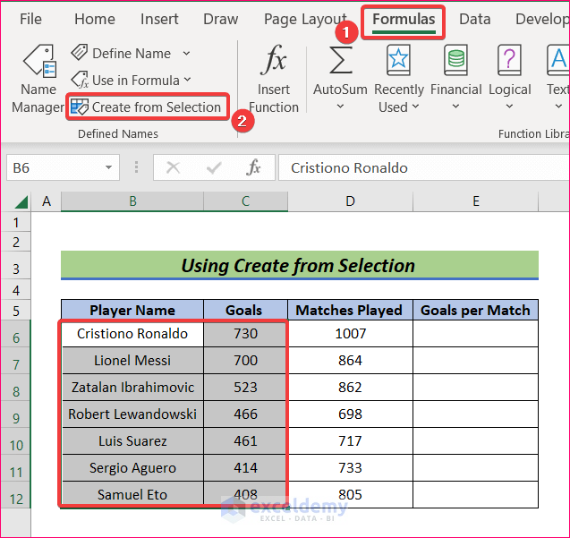 Use Create from Selection to name a group of cells in excel