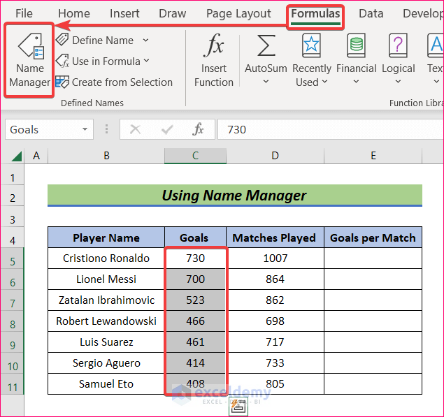 Use Name Manager to name a group of cells in excel