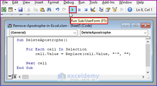 Embedding VBA Code to Remove Apostrophe in Excel