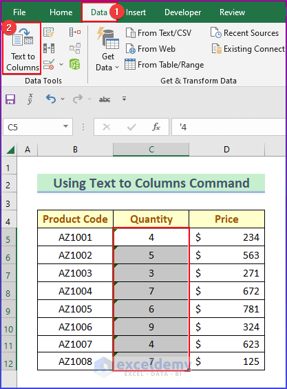 Sample Data Set Applying Text to Columns Command