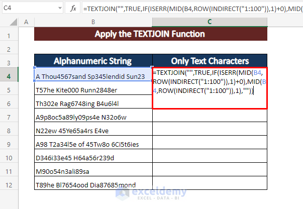 Apply The TEXTJOIN Function to Remove Numeric Characters from Cells