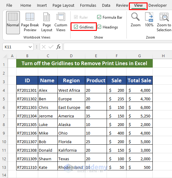Turn off the Gridlines to Erase Print Lines in Excel