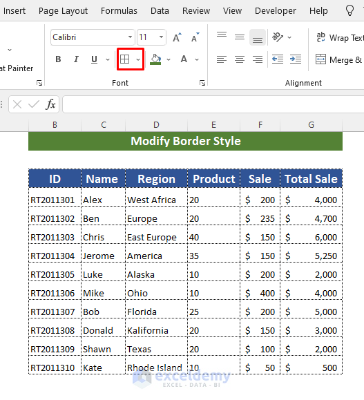 Modify Border Style to Delete Print Lines in Excel
