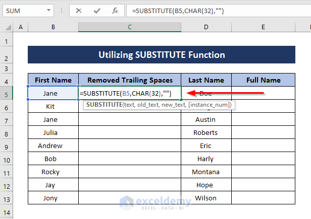 using SUBSTITITE and CHAR Functions to remove trailing spaces 
