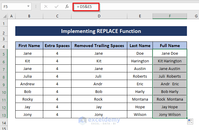 joining first and last names after removing trailing spaces in Excel