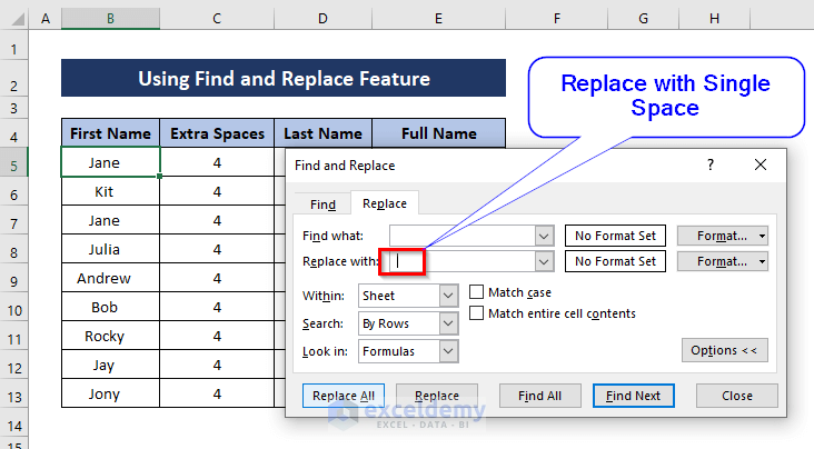 entering single space in the replace with field