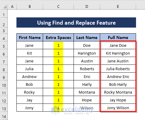Results after removing trailing spaces in Excel with find and replace