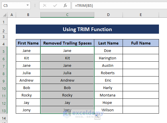 result of trim function removing trailing spaces in excel