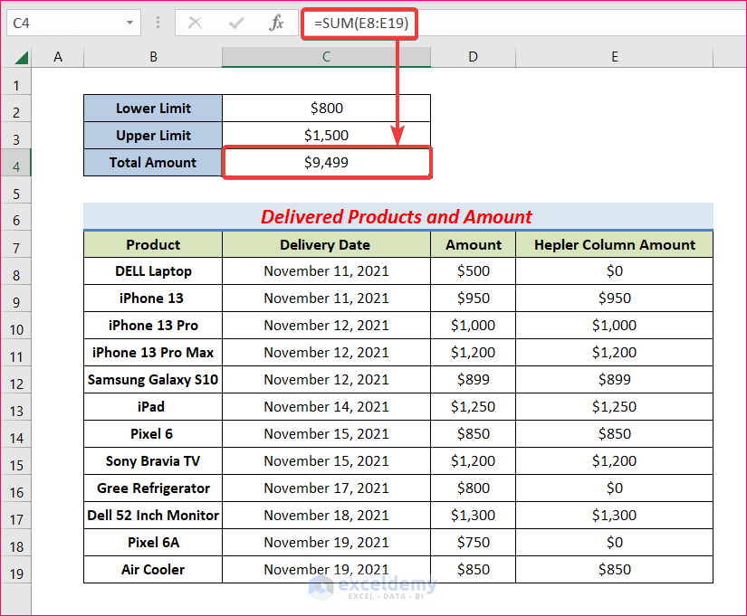 Determine Total Amount to Sum Between Two Numbers Formula in Excel