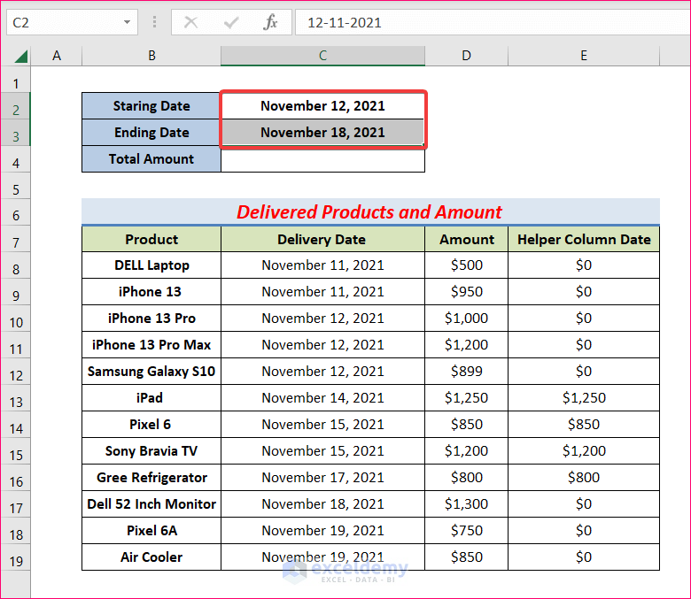 Insert Dates to Sum Between Two Numbers Formula in Excel