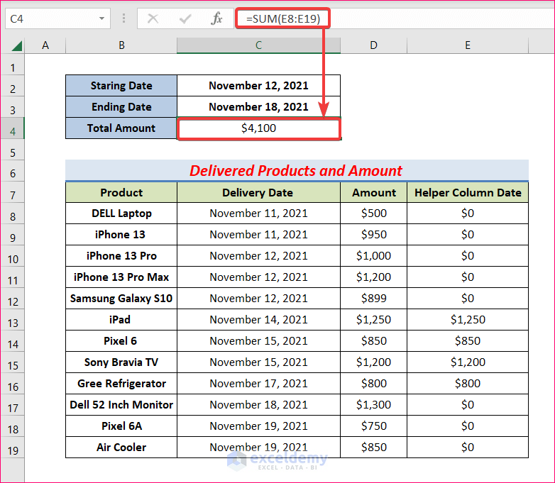 Calculate Total Amount to Sum Between Two Numbers Formula in Excel