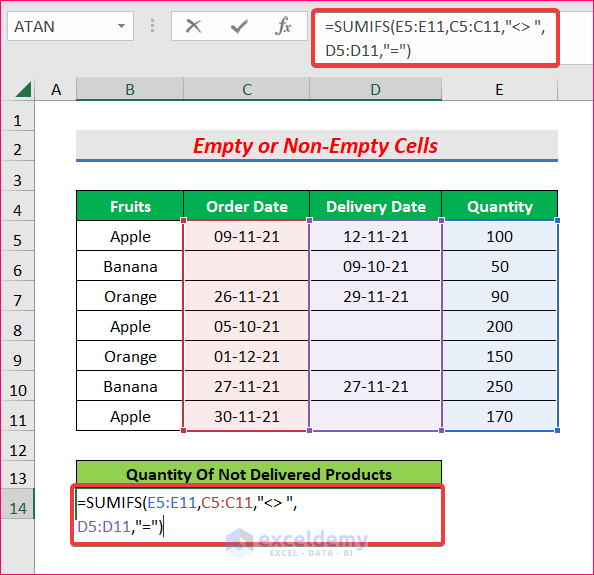 Use SUMIFS Formula with Multiple Criteria in Excel with empty or non-empty cell