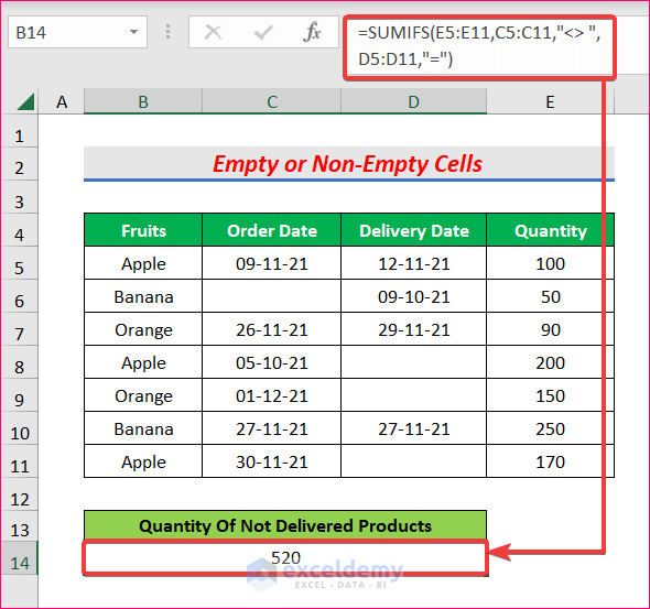 Use SUMIFS Formula with Multiple Criteria in Excel with empty or non-empty cell
