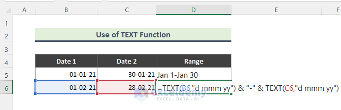 Insert Excel TEXT Function to Create a Date Range