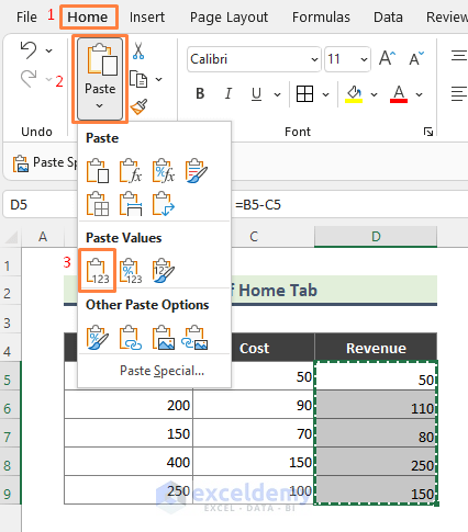 Remove the Formulas by Using Home Tab