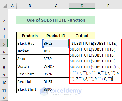 SUBSTITUTE Function to Remove Numbers from a Cell in Excel