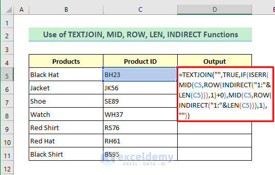 TEXTJOIN, MID, ROW, LEN, and INDIRECT Functions to Erase Numbers from a Cell in Excel
