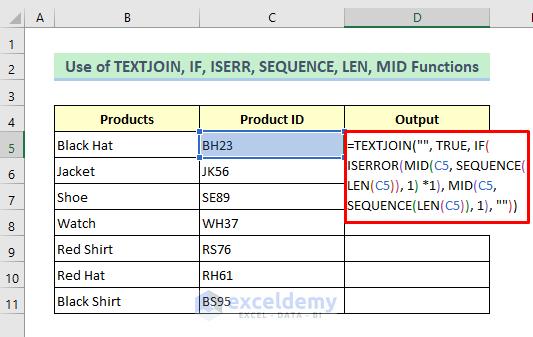 TEXTJOIN, IF, ISERR, SEQUENCE, LEN, and MID Functions Together to Delete Numbers from a Cell in Excel