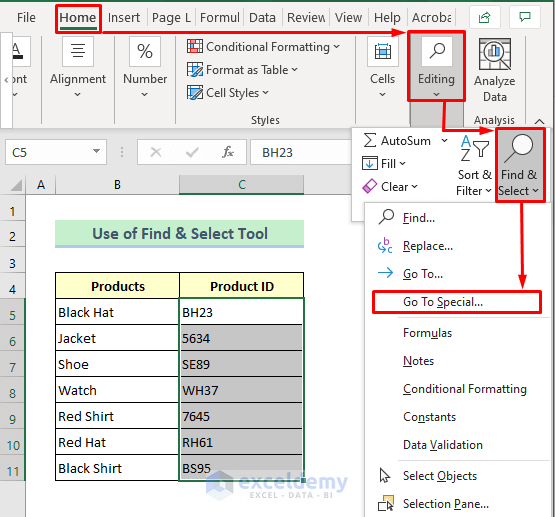 Find & Select Tool to Delete Numbers from a Cell in Excel