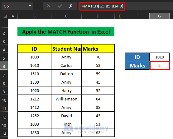 MATCH function to get the marks of the students by id