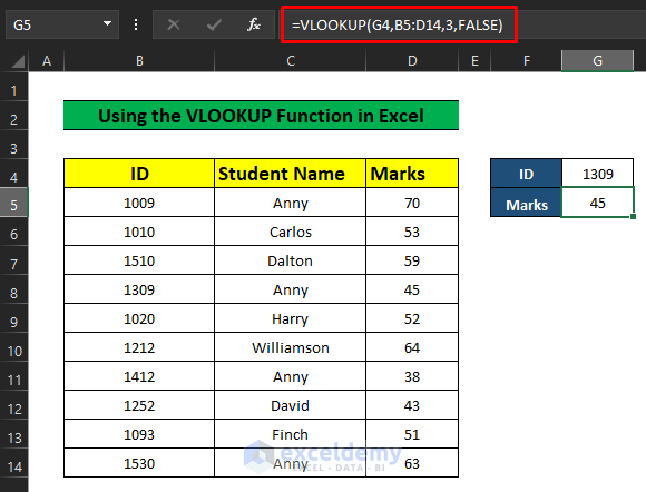 Enter VLOOKUP function in G5 to get the marks of the student