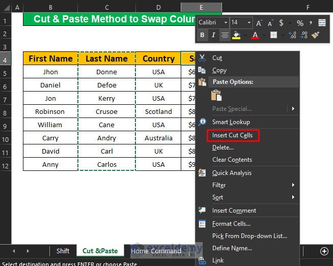 Insert the Cut and Paste Method to Swap Columns in Excel