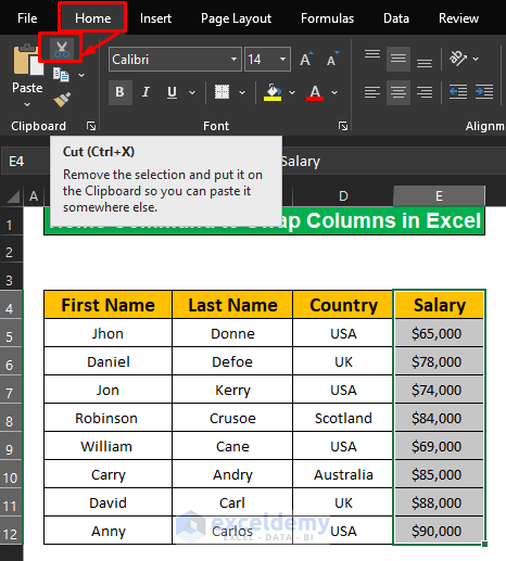 Using the Home Command Method to Swap Columns in Excel
