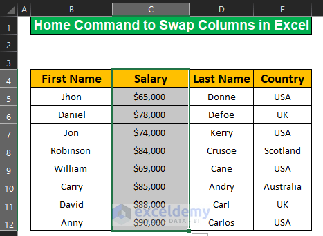 Using the Home Command Method to Swap Columns in Excel