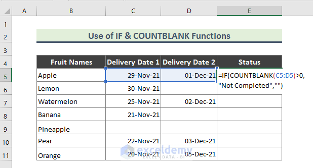 If Any Cell in Range is Blank(Applying COUNTBLANK and IF Functions)