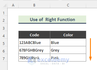 use of right function in excel