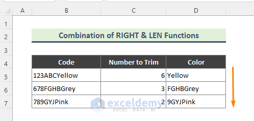 combination of right and len functions in excel