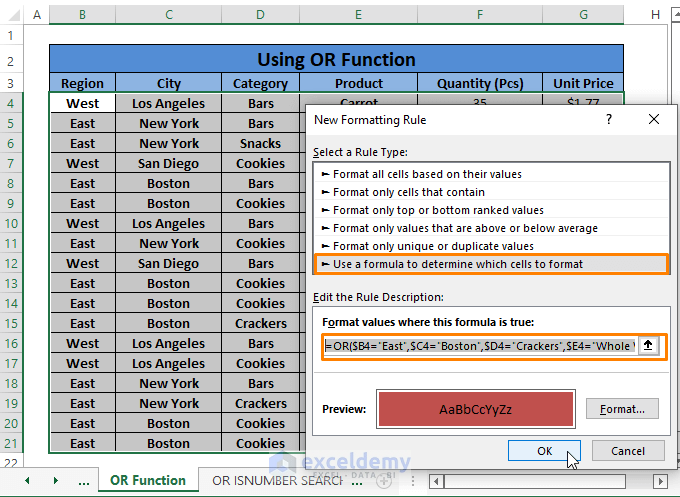 OR Function-Conditional Formatting Multiple Text Values in Excel
