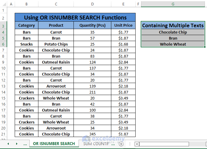 OR ISNUMBER SEARCH Function Extra Column-Conditional Formatting Multiple Text Values in Excel