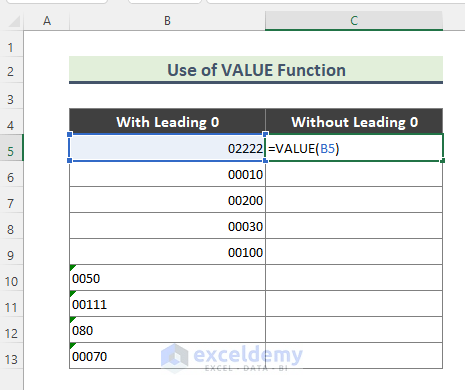 Use VALUE Function to Remove Leading 0 from Excel