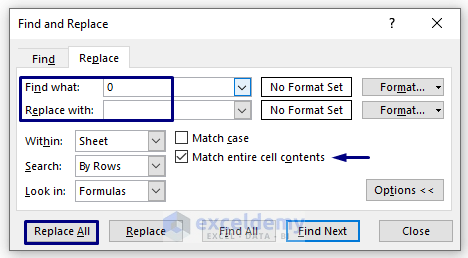 Apply Find and Replace Option to delete 0 from Excel
