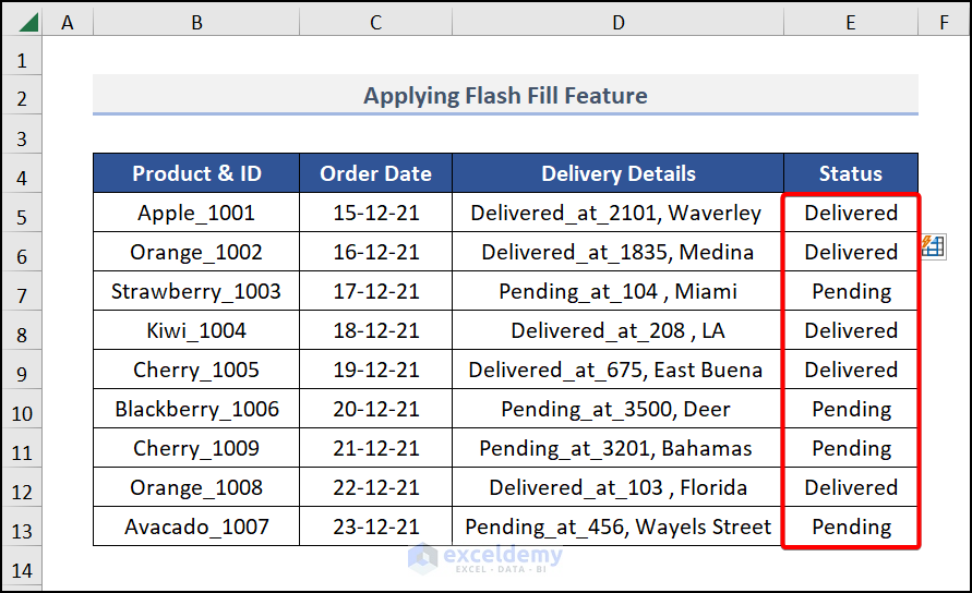 Final Output of Flash Fill Feature