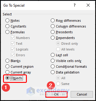 Selecting objects in the Go To Special window