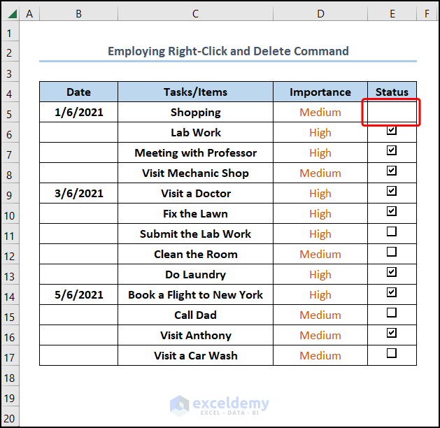 remove check boxes from excel using right click and delete button
