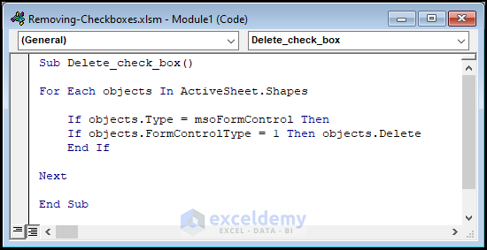 VBA code for remove check boxes from excel