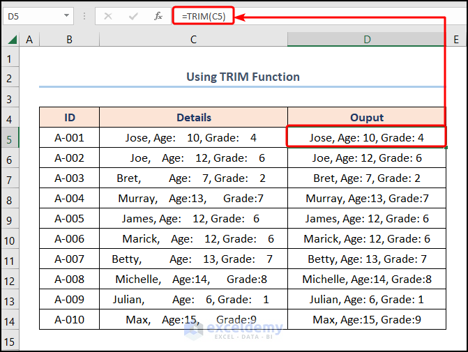 remove extra spaces in excel with TRIM function