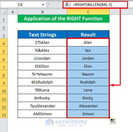 Use the RIGHT Function to Remove First 3 Characters in Excel
