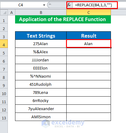 Apply the REPLACE Function to Remove First 3 Characters in Excel