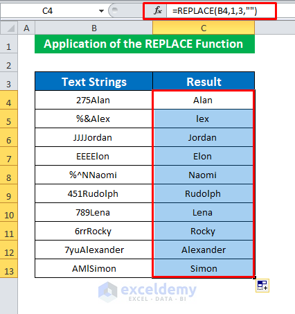 Apply the REPLACE Function to Remove First 3 Characters in Excel