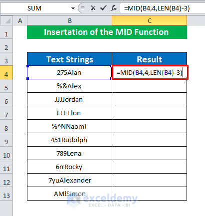 Insert the MID Function to Remove First 3 Characters in Excel