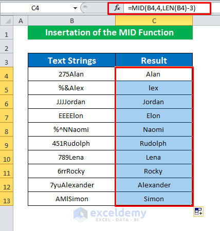 Insert the MID Function to Remove First 3 Characters in Excel