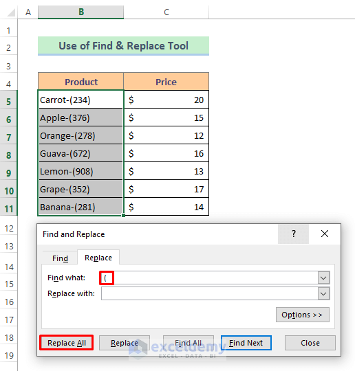 Find & Replace Tool to Remove Parentheses in Excel